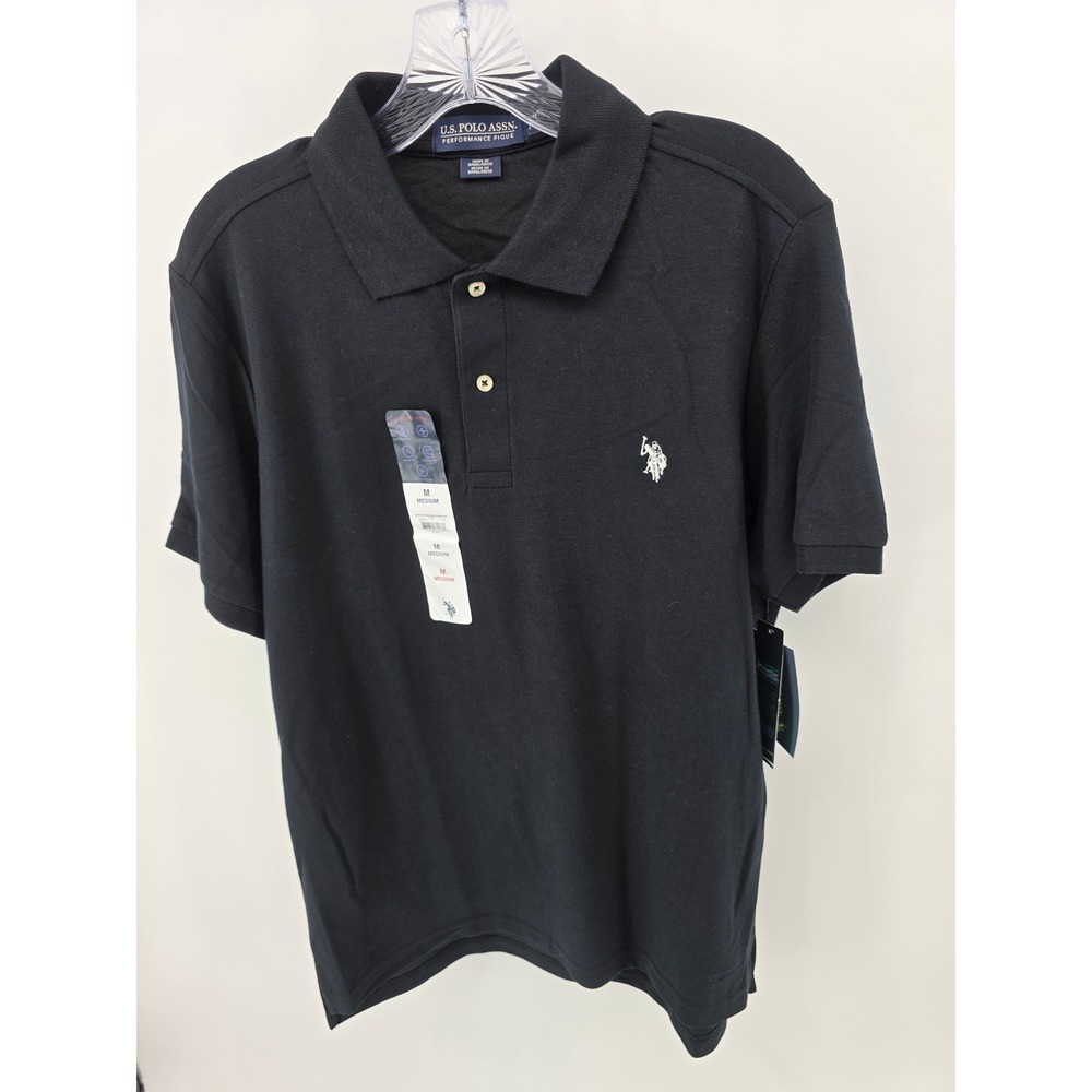 US Polo Assn Mens Performance Pique Polo Shirt Black Short Sleeve Medium NWT